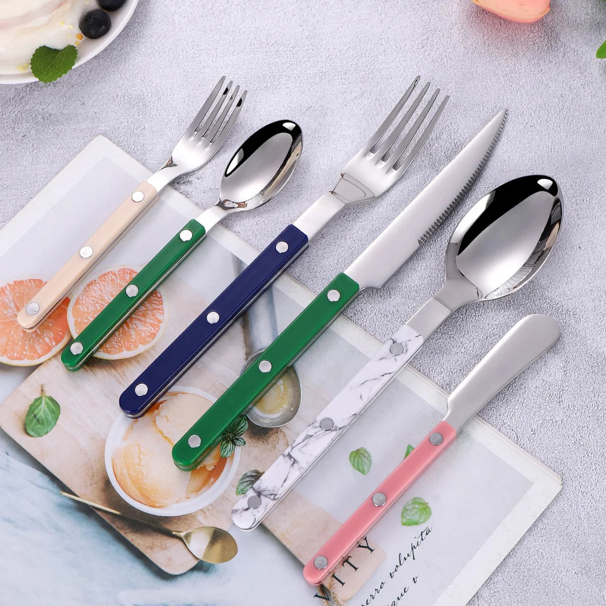 6 Pcs Fashion New Colorful Handle 304 Cutlery Set 18/10 Stainless Steel Creativity Gift Flatware Knife Fork Spoon Drop Ship